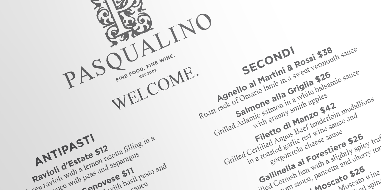 Menu Design for Pasqualino by BANG! creative strategy by design