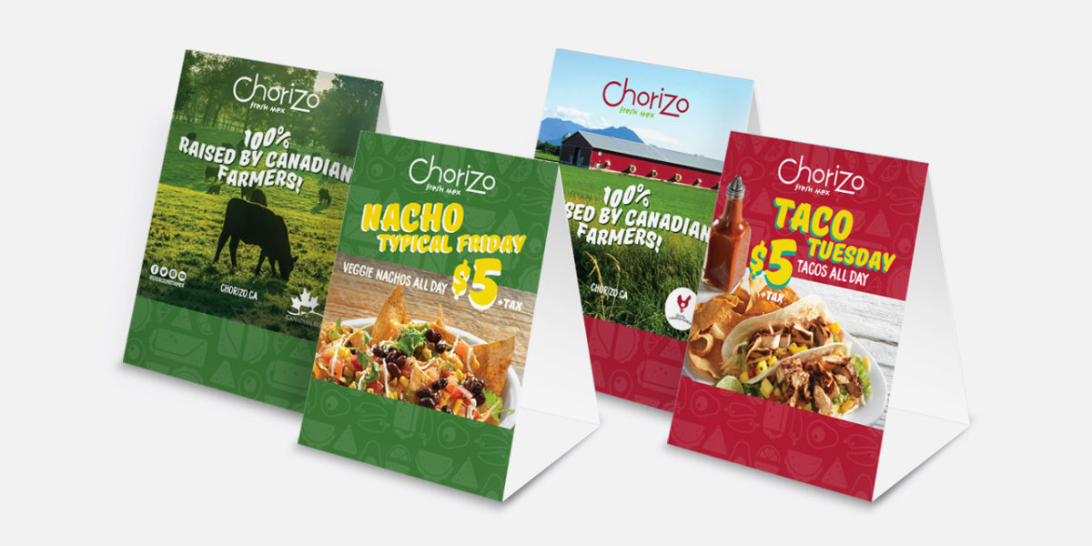 Menu boards table tops advertising for Chorizo Fresh Mex Boritos Tacos Fresh Mexiacan Food by BANG! creative strategy by design