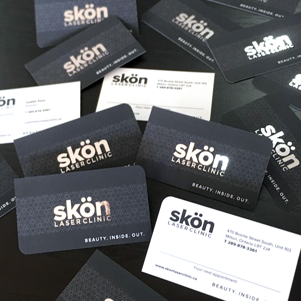 foil stamped business cards, card design, Skon Laser Clinic Brand Design by BANG! creative strategy by design